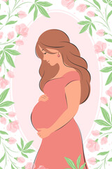Pregnant woman, future mom. Banner about pregnancy, breastfeeding and motherhood. Vector illustration.