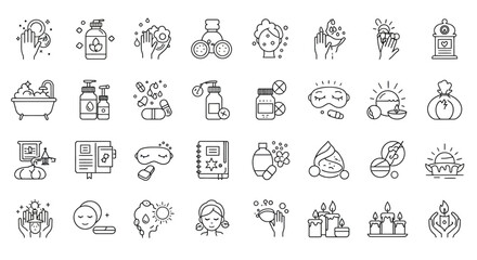 Fototapeta premium A collection of line art icons representing skincare, beauty, and wellness treatments, including masks, creams, and relaxation elements.
