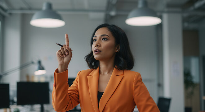 Confident businesswoman in orange blazer making a point during brainstorming session in modern office