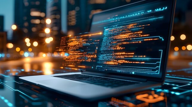 A virtual twin simulation displaying real time data and predictive analytics to identify potential security vulnerabilities within a futuristic urban landscape - Powered by Adobe