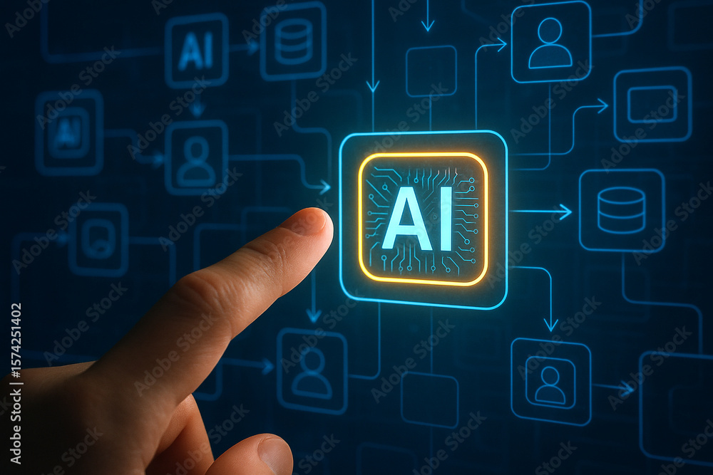 Poster ai artificial intelligence technology concept with hand touching digital interface screen display