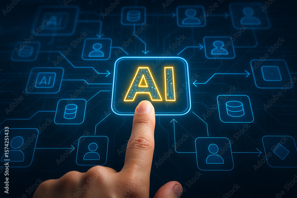 Poster artificial intelligence ai concept with finger touching screen for machine learning and automation 4