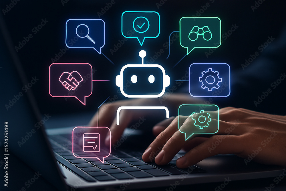 Poster ai chatbot using laptop for business tasks automation and customer service virtual assistant technol