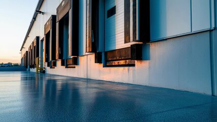 Loading docks of an industrial warehouse building reflecting the warm hues of sunset light on a wet concrete surface, creating a serene atmosphere in a commercial distribution center