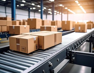 Industrial conveyor belt with boxes
