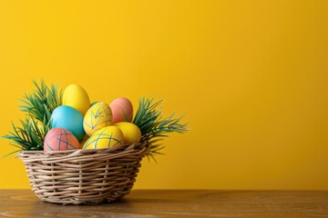 Easter basket with colorful eggs on table against yellow background
