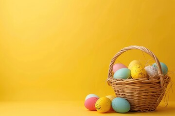 Easter basket with colorful eggs on table against yellow background