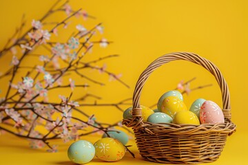 Easter basket with colorful eggs on table against yellow background