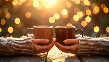 Sharing Warmth with Two Mugs at Sunset