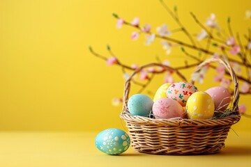 Easter basket with colorful eggs on table against yellow background