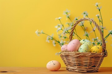 Easter basket with colorful eggs on table against yellow background