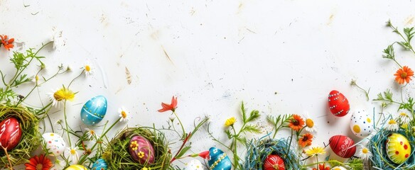 Easter grass border with colorful eggs in nest and spring flowers on white background