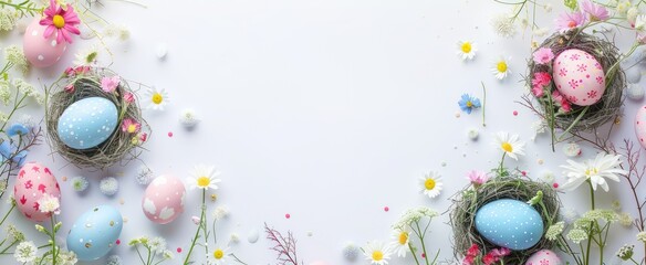 Easter grass border with colorful eggs in nest and spring flowers on white background
