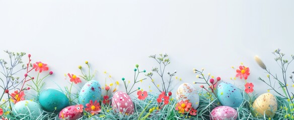 Easter grass border with colorful eggs in nest and spring flowers on white background