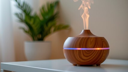 Wooden essential oil diffuser emits steam creating calming atmosphere for meditation for high performance workers seeking relaxation and focus