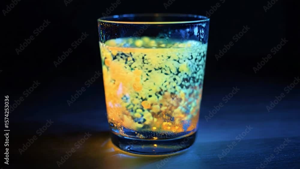 Poster luminous elixir: a close-up of a transparent glass filled with a vibrant, glowing liquid, creating a