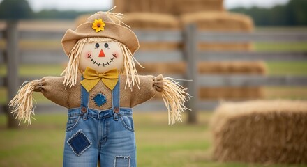 Cheerful straw scarecrow doll in blue overalls with hay bales in countryside setting