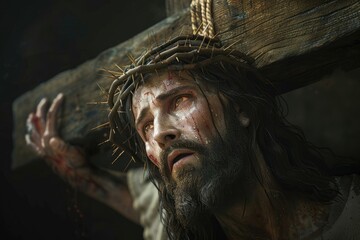 Jesus carrying the cross, illustration style, full body shot, close-up of face, dark background