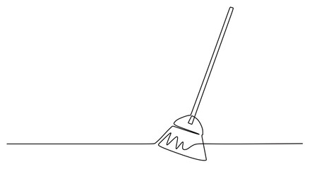 the continuous line art of a broom for cleaning a dirty floor
