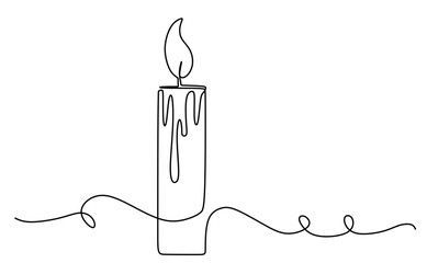 the continuous line art of a melting candle that emits a flickering flame illuminating the room