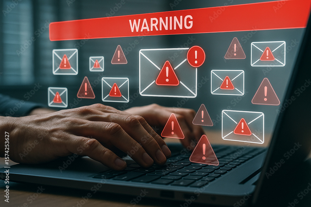 Poster warning security alert email spam phishing attack concept on laptop computer with user typing on key