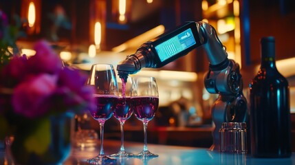 A modern robotic arm serves wine with precision and style. The vibrant setting enhances the experience of automated hospitality. Perfect for showcasing innovation in dining. Generative AI