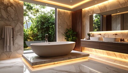 Luxurious Marble Bathroom with Freestanding Tub and Lush Greenery View