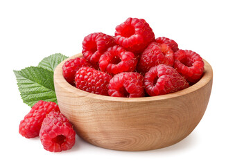 Raspberries in a wooden plate with leaves close-up on a white. Isolated