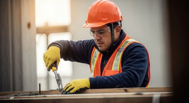 Focused male construction worker using pliers at building site with safety gear