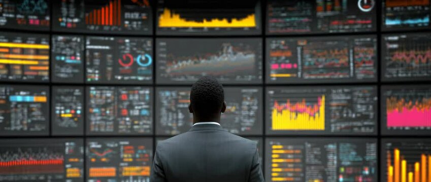 A man in the corporate world stands in front of computer screens that provide financial and market data.