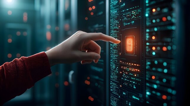 A close up view of a hand geometry scanner being used to verify access in a futuristic high tech laboratory setting filled with digital displays and computer equipment