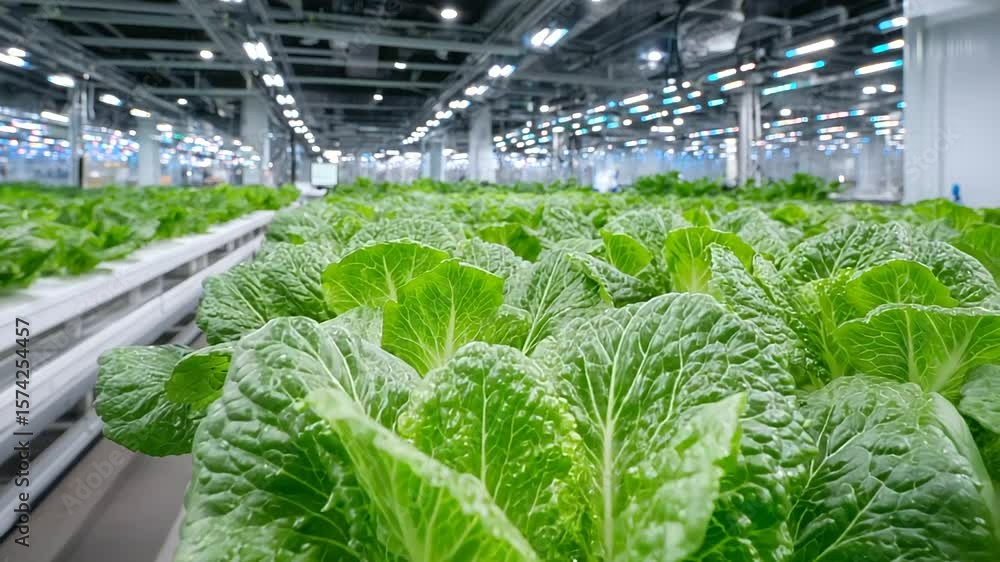 Poster an automated vertical farm using led lighting and hydroponics to grow leafy greens, monitored by ai-