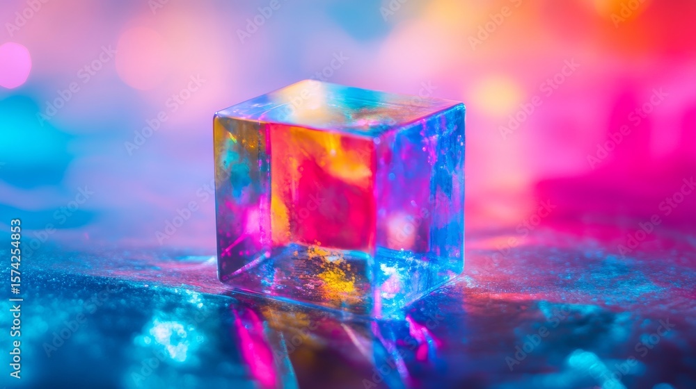 Sticker vibrant ice cube glows with colorful lights. it reflects warmth and coolness in a unique blend. this