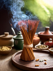 Artistic still life of incense sticks arranged with herbs and spices in a spiritual setting.