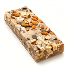 Nougat bar sprinkled with almonds, hazelnuts and chocolate chips, lying on a white background