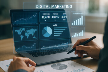 Digital marketing analytics dashboard on laptop for business growth and data driven strategy analysis