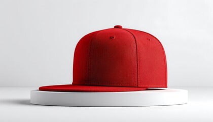 Fototapeta premium Vibrant red flat brim hat mockup on elevated stand with white backdrop