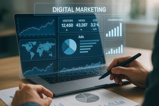 Digital marketing analytics dashboard on laptop for business growth and data driven strategy analysis