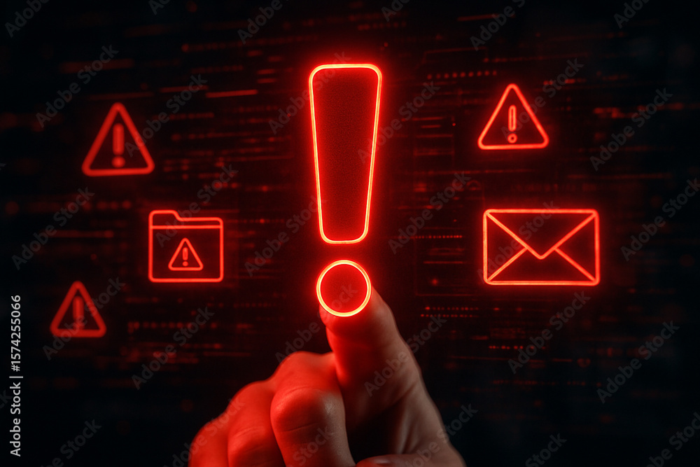 Poster cyber security alert warning sign with exclamation point for data breach and malware attack protecti