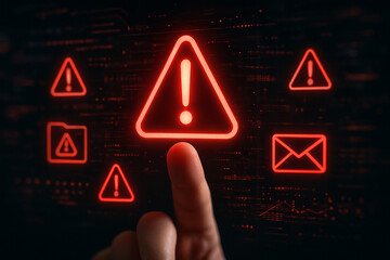 Cyber security alert system warning signs on screen with finger pointing at risk notification symbol