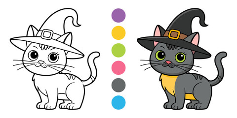 Charming Halloween Cat: A delightful Halloween illustration showcases a cute cat dressed in a witch hat, ready for coloring and spreading festive cheer.