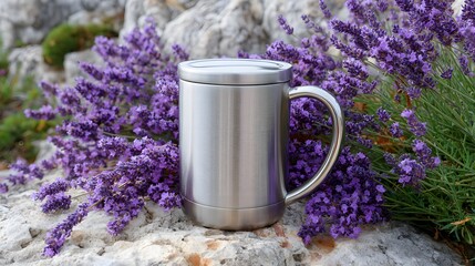 Stainless Mug in Lavender Cluster – Peaceful Outdoor Still Life Celebrating Mindful Travel, Nature Contrast, and Eco Adventure Aesthetics