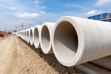 Large concrete pipes lined up on a construction site, ready for installation, under a blue sky.