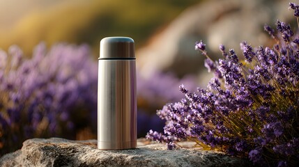 Stainless Steel Thermos on Rock with Lavender – Calm Outdoor Still Life Blending Herbal Retreat Vibes and Slow Adventure in Nature’s Embrace
