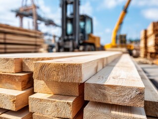Stack of rectangular lumber planks, blurred industrial vehicles in background.