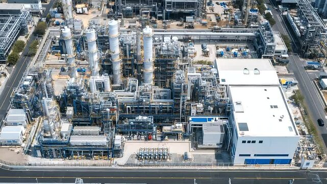 Overhead view of a specialty chemical reactor plant with distillation columns, pipelines, and automated control rooms