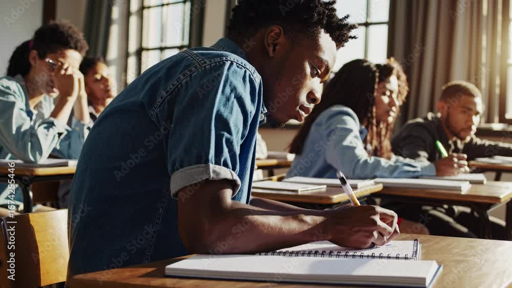 Poster a side-angle video shot of focused students writing in a sunlit classroom, capturing the essence of 