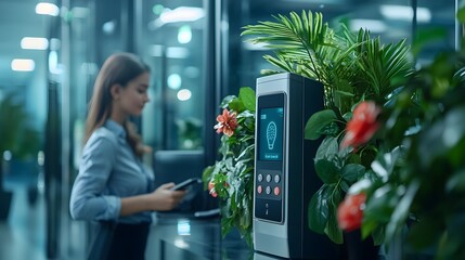 A modern glass wall access panel with biometric identification technology and lush greenery in a corporate office environment