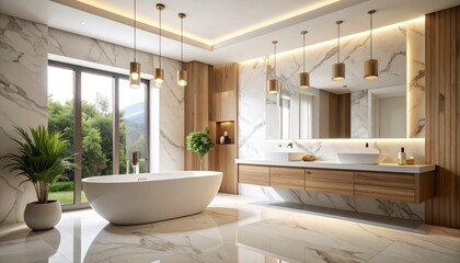 Luxurious Marble Bathroom with Freestanding Tub and Pendant Lighting