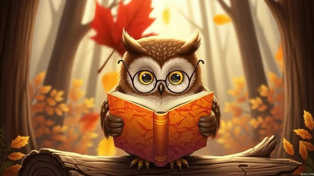 Adorable owl reading book in autumn forest scene for education and childrens projects